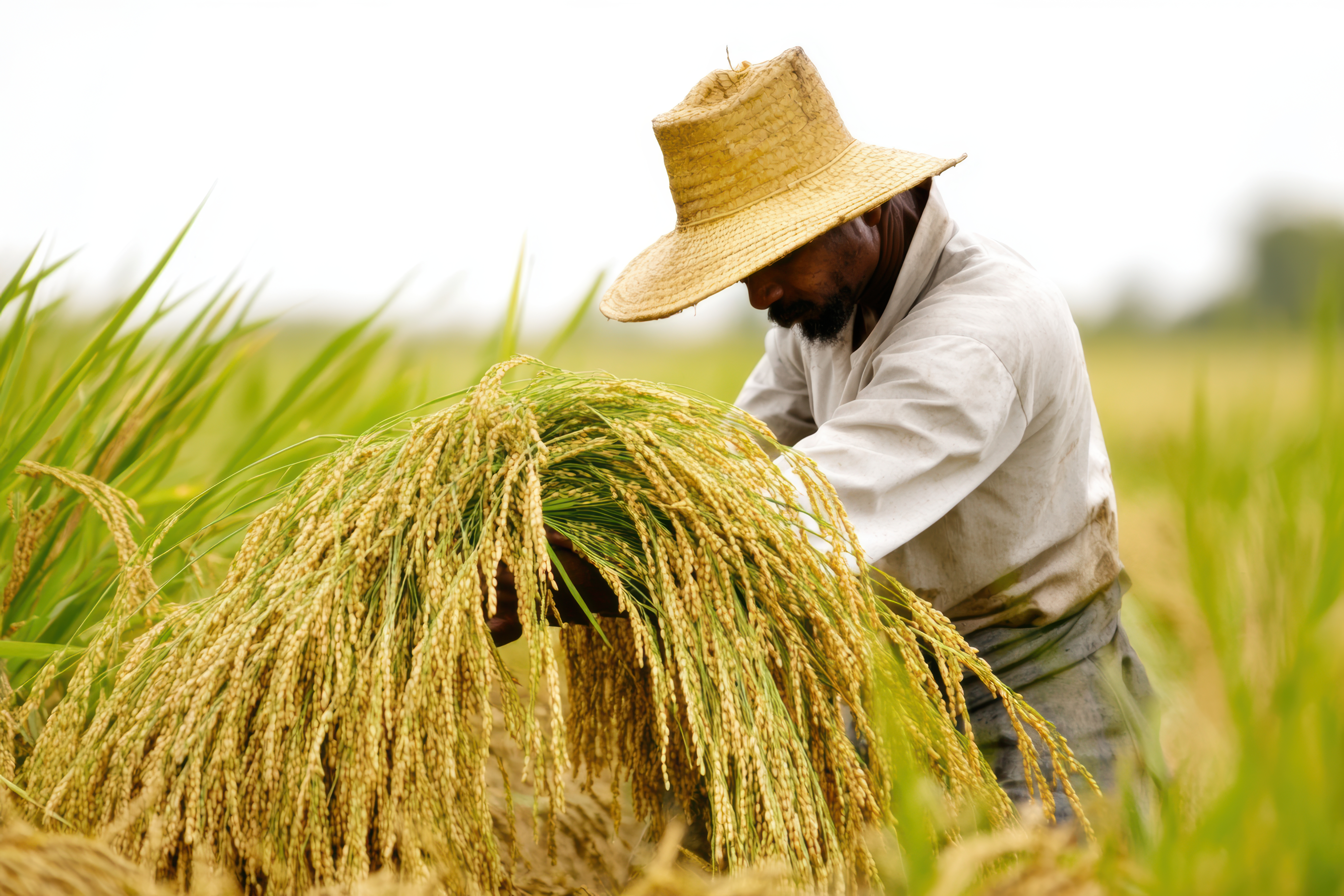 Agriculteur récoltant le riz dans un champ ensoleillé